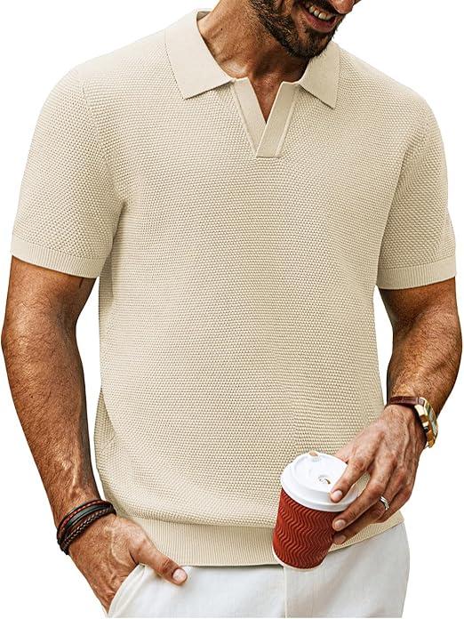 PJ PAUL JONES Mens Polo Shirts Short Sleeve Textured Knit V Neck Shirt Casual Golf Shirts Stylish Old Money Tops, M 