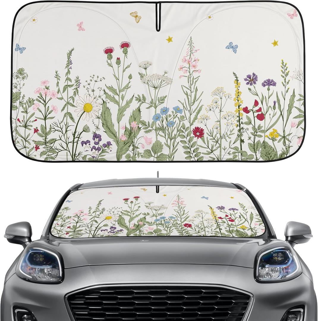 Summer Wildflowers Windshield Sun Shade Vintage Florals Car Shades for Front Windows Foldable Blocks Heat and UV Rays Sun Visor Protector Sunshade for Car Truck SUV (Wildflower, 63.8''L x 33.5''W)