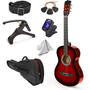 30" Left Handed Wood Guitar with Case and Accessories for Kids/Girls/Boys/Teens/Beginners (Red Gradient)