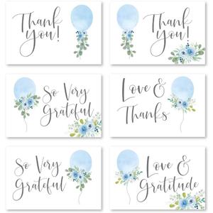 Hadley Designs Baby Shower Thank You Cards with Envelopes - 24 Baby Boy Thank You Cards for Gift, 4x6 Boy Thankyou Notes Babyshower Sprinkle, Cute Blue Floral Shower Thanks Card