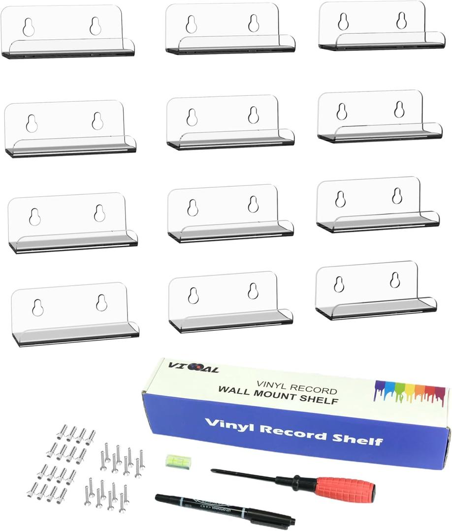 12 Pack 4 Inch Vinyl Record Shelf Wall Mount,Vinyl Record Shelf,Record Shelves Display Daily Listening and Decorate Your Office or Home (12, Clear)