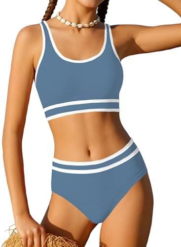 Girls Swimsuit Double Strap High Waist Sporty Bikini Swimsuits Swim Cover Up Skirt 3 Piece Set 11-12Y, Blue