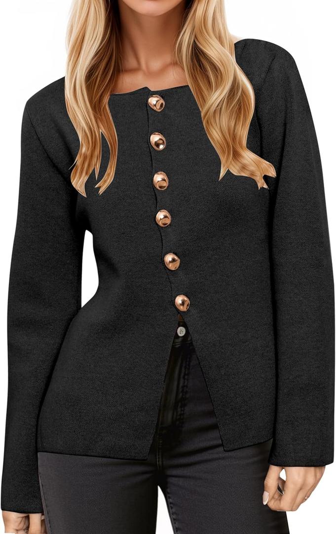 MSBESYOR Button Up Cardigan Sweater for Women Long Sleeve Lightweight Knit Business Blazer Tops (Black, L)