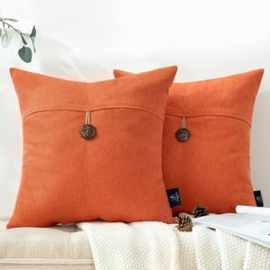 Phantoscope Pack of 2 Farmhouse Throw Pillow Covers Premium Coconut Button Vintage Linen Solid Decorative Pillow Cover for Couch Bed and Chair Orange 18 x 18 inches