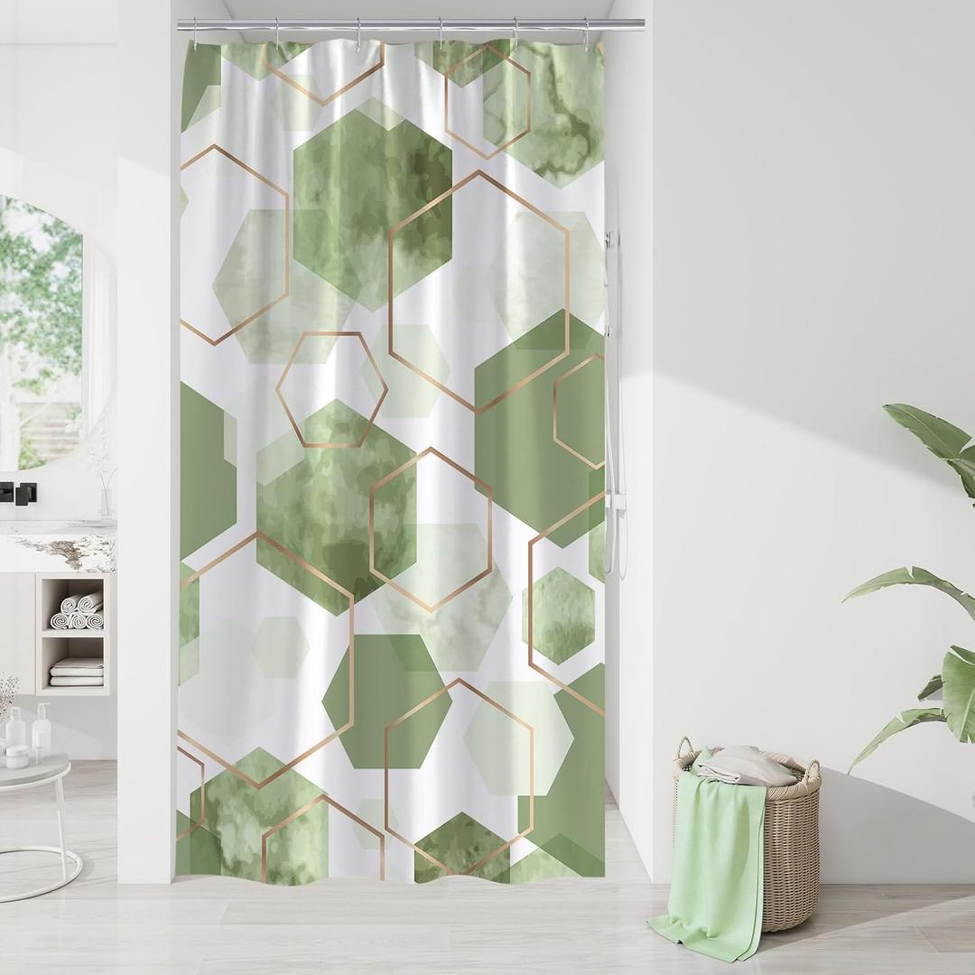 Modern Small Stall Shower Curtain for Bathroom, Sage Green Geometric Art Decor Waterproof Bath Curtain, Abstract Fabric Shower Curtain Sets for Home Decor, 36x72 Inch