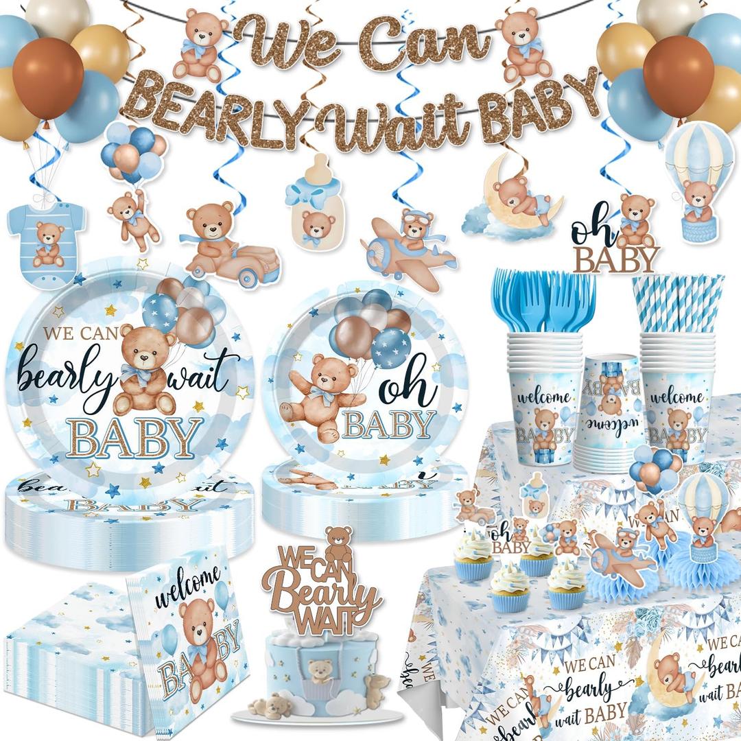 216PCS Blue Baby Shower Decorations Serves 25, Boy Baby Shower Include Banner, Plates, Balloons, Cake Topper and Tablecloths, for Baby Boy Shower Decorations