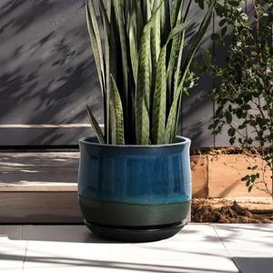 LuxenHome 12" Dia Ceramic Plant Pot, Indoor Outdoor Large Planter with Drainage Hole and Saucer, Blue and Green Gradient Glaze Flower Pot, Modern Decorative Planter for Home Garden Patio Porch