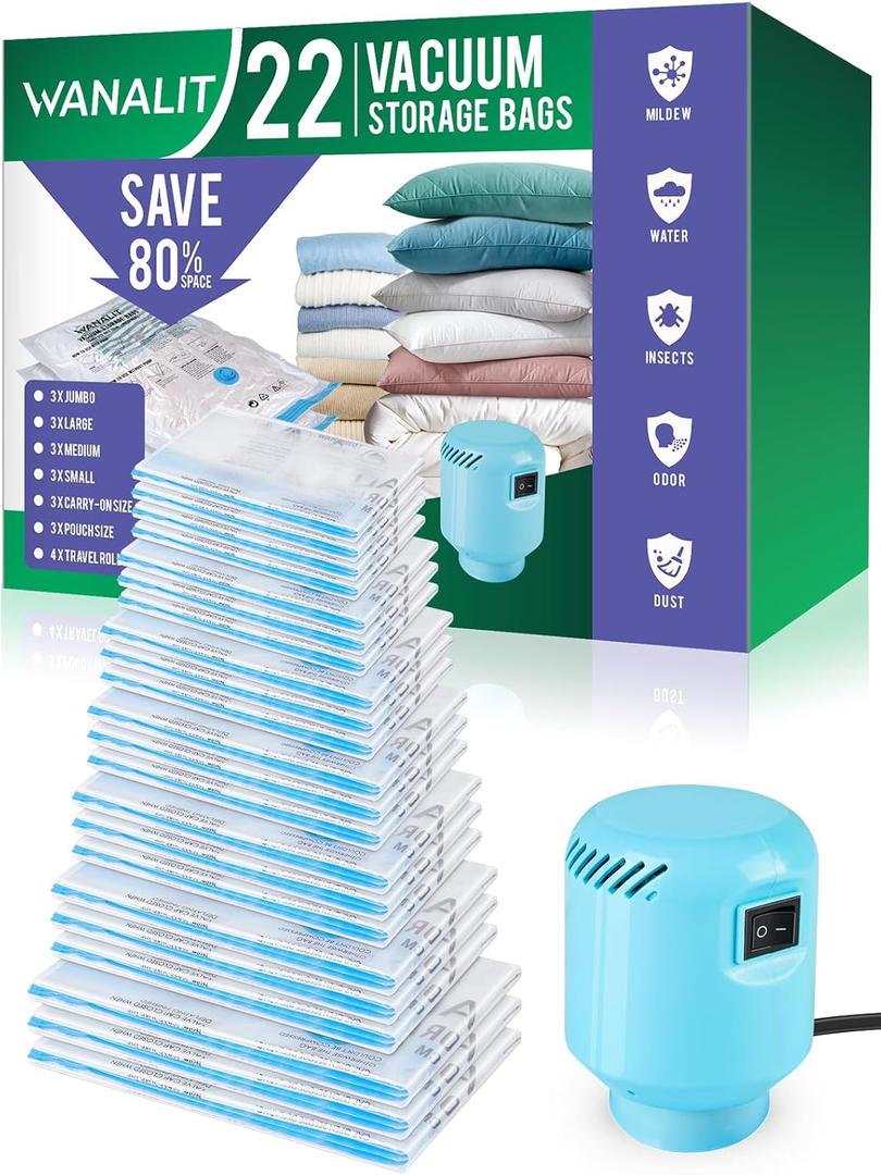 Vacuum Storage Bags with Electric Pump, New Air Valve Combo 22 Pack Compression Bag, Space Saving Vacuum Sealer Bag for Clothes, Blanket, Duvets, Pillows, Comforters, Travel, Two Compressing Ways