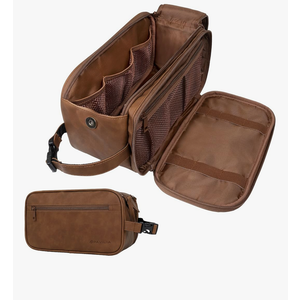 PAVILIA Toiletry Bag for Men, Travel Essentials Shaving Dopp Kit, Mens Travel Bag Toiletries Organizer Case for Grooming, PU Leather Water Resistant Cosmetic Bag Pouch (Brown)