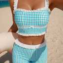 ZAFUL Womens High Waisted Bikini Sets 2 Piece Plaid Ruffle Swimsuits Back Strap Top with High Waisted Shorts Bathing Suit (Blue, M)