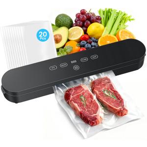 Food Vacuum Sealer Machine, 75kPa Compact Vacuum Sealer for Food, 4-in-1 Food Sealer with Digital Timer, Moist/Dry, Pulse, Seal Modes, Includes 20 Vacuum Bags, Perfect for Freezer Storage, Black