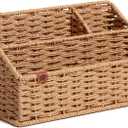 U Brands Woven All-in-1 Desk Organizer, Rattan-Inspired Wicker Style Office Organization Supplies, 1 Count, Brown