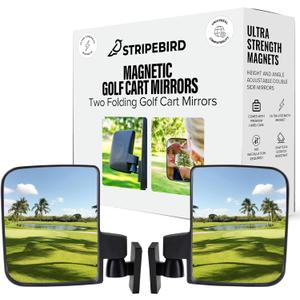 Stripebird - Magnetic Golf Cart Mirrors 2.0 (Black) - No Drilling - Ultra-Strength Magnet - 2 Folding Side Mirrors - EZ Go Accessory - Club Car Accessory - Golf Cart Accessory