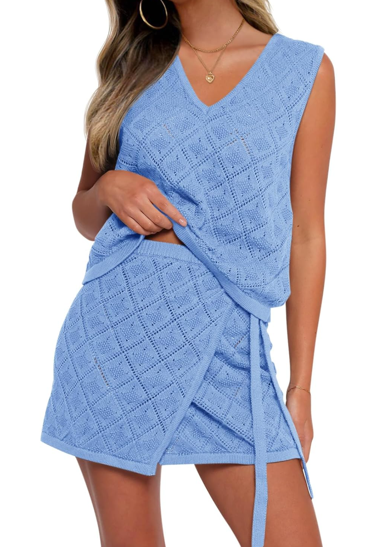 Fisoew Womens 2 Piece Crochet Swimsuit Cover Ups Sleeveless V Neck Tank Tops Wrap Skirt Sets Beach Vacation Outfits. Size XL