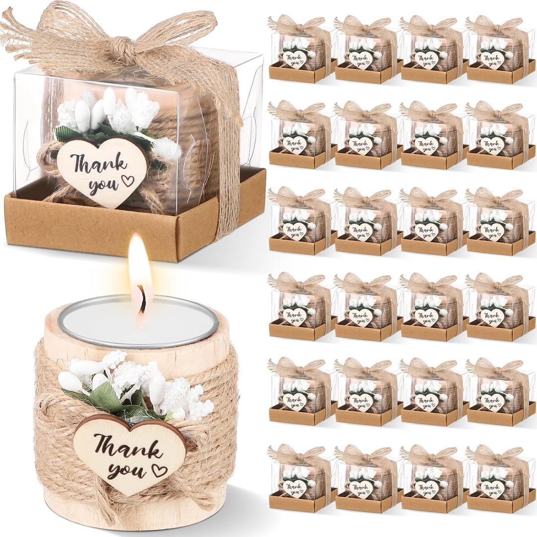 Retisee Wedding Candle Favors for Guests Bridal Shower Wood Memorial Tealight Candle Holder Thank You Gifts Handmade Candles for Wedding Baby Shower Housewarming Table Centerpiece(24 Sets)