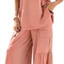 CHERFLY Women's 2 Piece Outfits Casual Lounge Sets Loose Short Sleeve Top Wide Leg Pants with Pockets Fashion Tracksuits Trendy 2025 (Blush Pink, L)