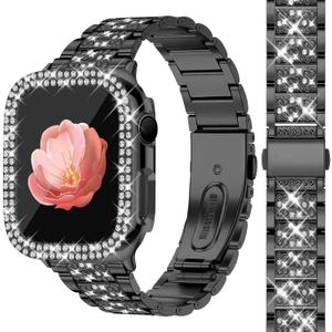 Newlibery Bling Watch Bands with Bling Case for Women Compatible with Apple Watch Band 40mm Elegant Dressy Jewelry Replacement Metal Link Wristband Protector Cover for iWatch Series 6/5/4/SE Black