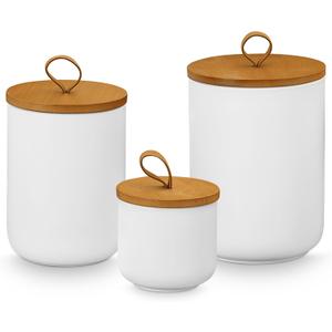 Canister Sets for Kitchen,Ceramic Kitchen Canisters for Countertop with Airtight Wood Lids for Serving Ground Coffee, Tea, Spice, Grains, Sugar, Salt (White Pack of 3 (8.7/27/44 Oz))