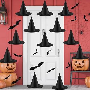 12pcs Halloween Witch Hats + 12pcs 3D Bats Stickers - Costume Accessories for Parties, Cosplay, Carnivals, Holidays