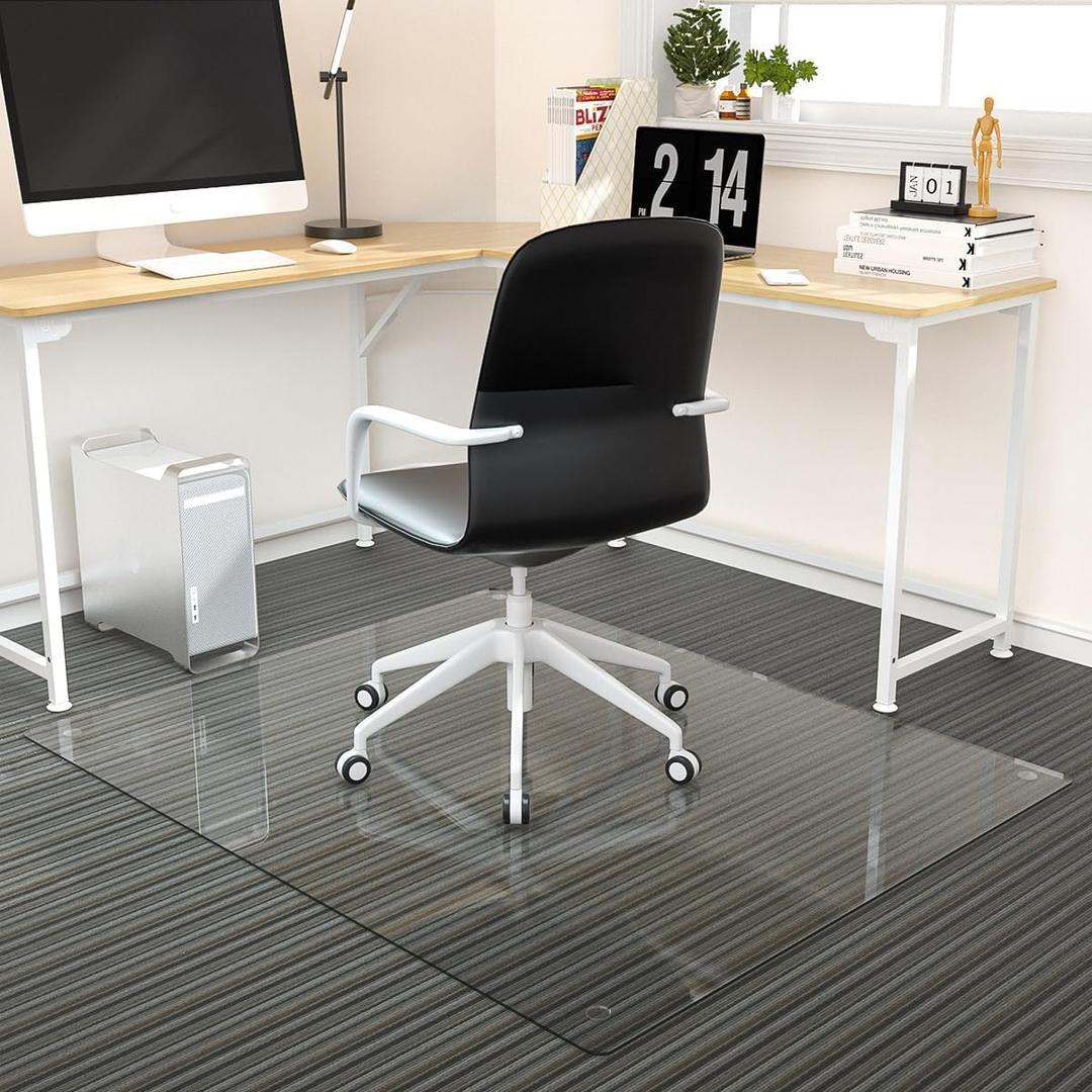 Tempered Glass Floor Mat for Office Chair, 36" x 46" Heavy Duty Hard Office Chair Mat, for Carpeted or Hard Floor, with 4 Anti-Slip Pads, Transparent, 46x36