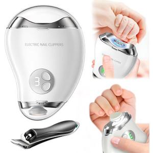 Electric Nail Clipper, 4-in-1 Rechargeable Automatic Nail Clipper Set with 3 Speed Gears/Nail File/Polishing/Trimmer/LED Light, Safe Smart Nail Clippers for for Baby, Kids, Adult and Seniors, White