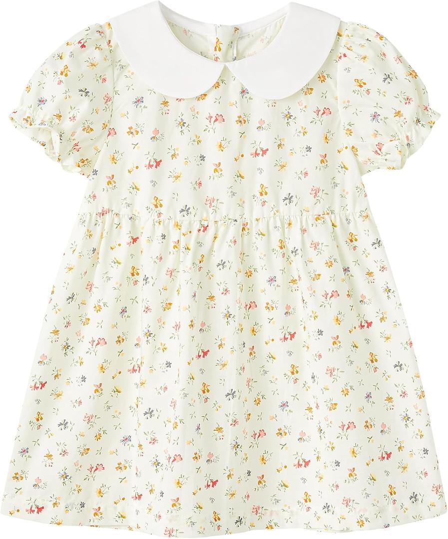 pureborn Baby Toddler Girl Woven Dress Short Sleeve Cotton Playwear Dresses 0-5T (2-3T, Cream Pink Blooms-b)