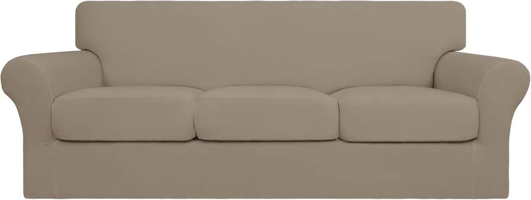 Soft Couch Cover for Dogs - Washable Sofa Slipcover for 3 Separate Cushion Couch - Elastic Furniture Protector for Pets, Kids Natural