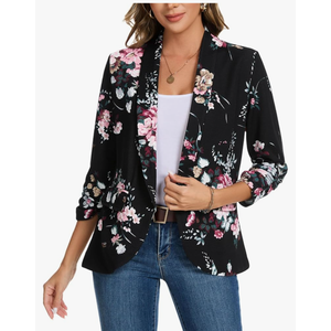 MINTLIMIT Womens Blazer 3/4 Ruched Sleeve Shawl Collar Business Work Blazers Open Front Casual Jackets with Pockets, Small