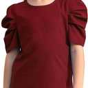 GORLYA Girl's Puff Sleeve Casual Solid T-Shirt Pullover Keyhole Back Blouse Tops for 4-14T Kids