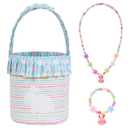 Easter Basket for Girls with Flower Beaded Bracelet and Necklace - Cute Fabric Easter Basket with Bunny Design, Perfect for Egg Hunt, Party Favors, Spring Decor & Gift (Green)