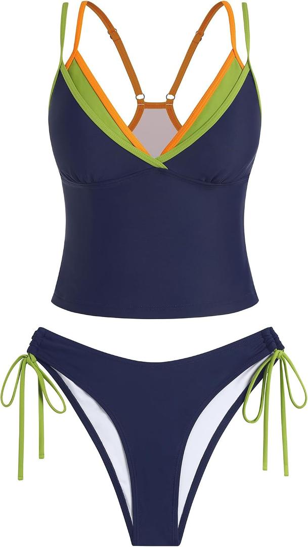 ZAFUL Women Double Layer Tankini Set V Neck Color Block Swimsuit Side Tie Two Piece Bathing Suit, Size: X-Large
