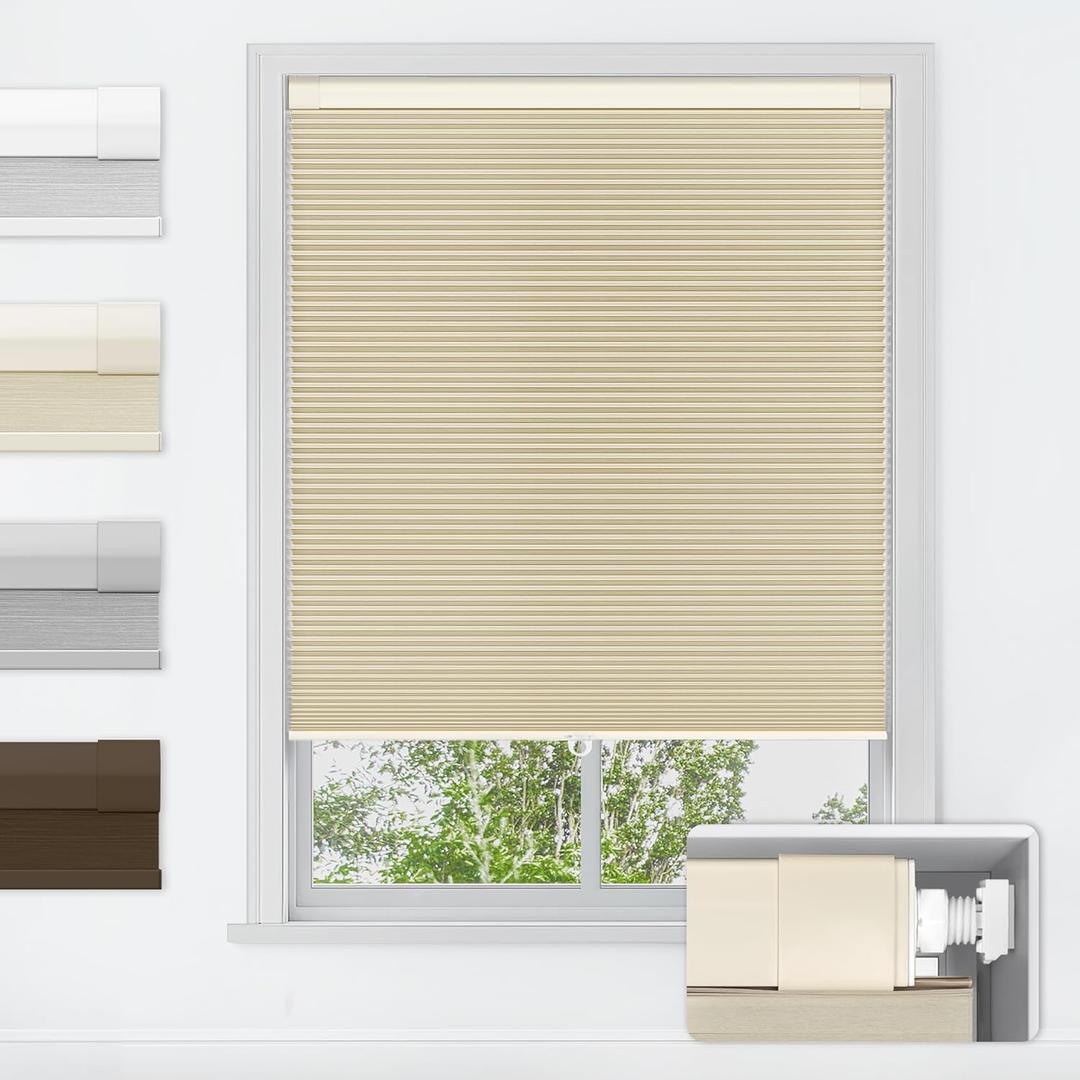 LazBlinds No Tools No Drill Cordless Cellular Shades, Blackout Light Blocking Honeycomb Shades for Home, Thermal Insulation Blinds for Windows, 29" W x 48" H, Beige