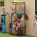 Sports Equipment Organizer, Small Garage Ball Storage Rack with Elastic Straps and 3 Hooks, Garage Organization Storage Rack for Balls and Sports Equipment, Toy Organizer Stand for Room, Gym, Black 