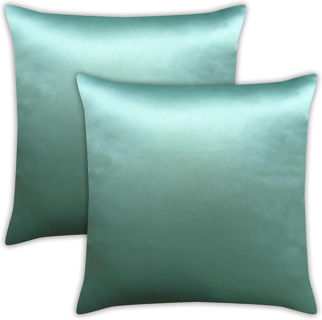 AVKA Studio Heavy Quality Satin Throw Pillow Covers - Dull Aqua Blue - Set of 2-18x18 Decorative Pillow Covers - with Lining and Zipper Closure - Faux Silk Luxury Toss Pillow for Bed Sofa - No Insert
