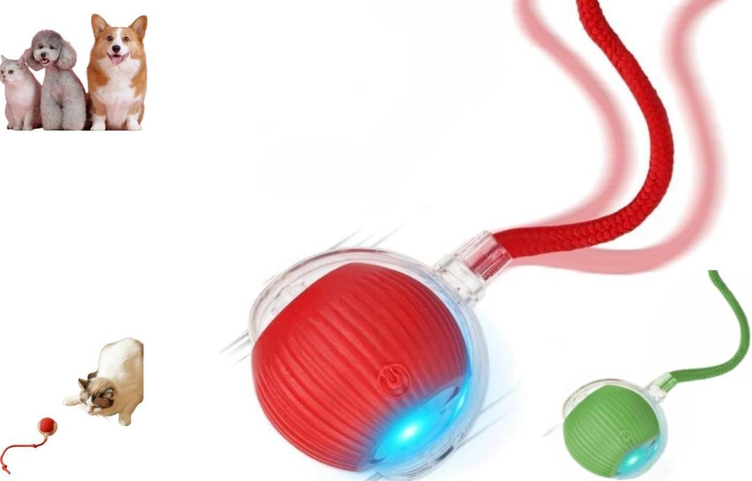 360 Automatic Rolling Interactive Pet Toy. Indoor Flashing LED Floor Roller with Random Motion for Cats & Small Dogs, Continuous Stimulation & Exercise. (Red)