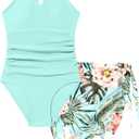 KANGKANG Girls Swimsuit Quick Dry Cut Out One Piece Swimsuits with Tropical Print Cover Up Skirt Bathing Suit Swimwear 7-18Y (11-12 Years, Light Cyan)