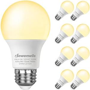 DEWENWILS 8-Pack A19 LED Light Bulb, 760LM, 3000K Soft Warm Light Bulb, Energy Saving 9W(60W Equivalent) LED Bulb, E26 Medium Screw Base, Non Dimmable, UL Listed
