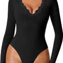 Avidlove Bodysuits for Women Long Sleeve Lace V Neck Body Suits Double Lined One Piece Leotard Shirt Going Out Tops (Large, Black)