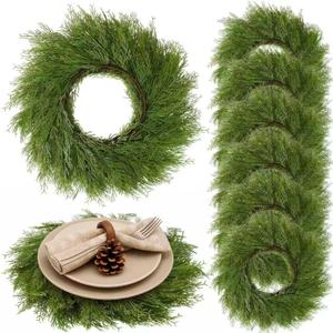 Gandeer Christmas Placemats Set of 6 Round Greenery Place Mats Xmas Circular Artificial Wreath Dining Table Decor Winter Fake Plants Branches Mats for Kitchen Accessories (Pine Needles)