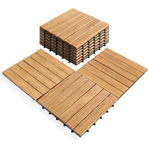 Pack of 10 Deck Tiles - 12"x12" Interlocking Natural Solid Acacia Wood for Outdoor & Indoor, Patio Garden, Balcony, Poolside - Natural6 Color