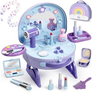 Lehoo Castle Toddler Vanity with Makeup Set, Portable Makeup Vanity for Girls with Lights Music Electric Hairdryer, Pretend Play Princess Toys for Dress Up, Birthday Gifts for 3 4 5 Years Old Girls