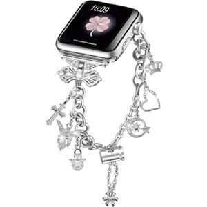 Compatible with Apple Watch Ultra Band 38MM 40MM 41MM 42MM 44MM 45MM 46MM 49MM Series 10 9 8 7 6 5 4 3 2 1 Smartwatch wistband Bracelet Strap Lucky clover Bracelet iWatch Band for Women (Silver)
