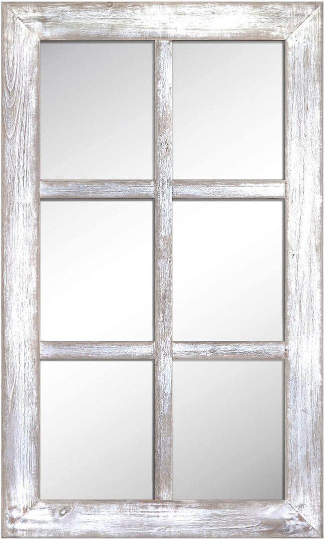 Barnyard Designs 24x40 Windowpane Wood Farmhouse Wall Mirror, Large Rustic 6 Pane Rectangle Window Frame Vintage Decor, Entryway Hallway Mirror (Whitewash)
