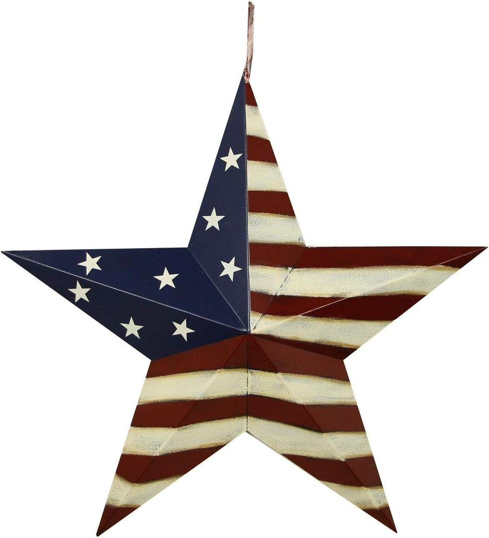 Patriotic Metal Barn Star Wall Decor, 22inch Hanging USA Flag Metal Stars Ornament Indoor Outdoor Americana Star Decor for Door Porch July 4th Memorial Day Labor Day Decoration