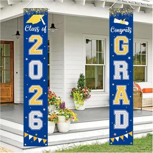 Graduation Decorations 2026 GRAD Banner Blue Porch Door Sign Welcome Banner For Indoor Outdoor Wall Graduation Decorations Class of 2026