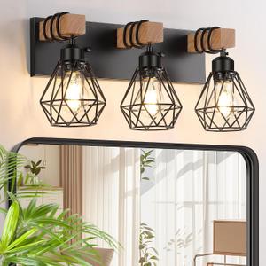 FadimiKoo 3-Light Farmhouse Bathroom Vanity Light Fixtures, Wood Bathroom Lighting Over Mirror, Black Vanity Lights with Metal Lampshade, Vintage Wall Light Fixtures for Bedroom, Living Room, Hallway
