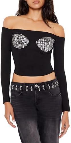 Forever 21 Womens Rhinestone Off-The-Shoulder Top, Black, Size S
