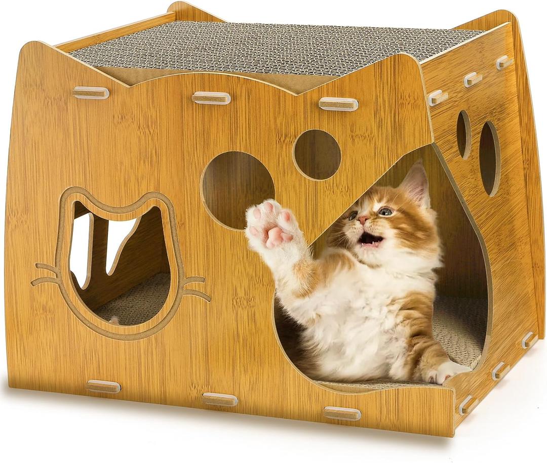 WRINGKIT Cat Scratcher House, 2 in 1 Cat Cardboard House with 2 Scratching Pads, Sturdy Cat House Lounge for Indoor Cats to Rest and Hide, Maximum Load Capacity 66 Lbs