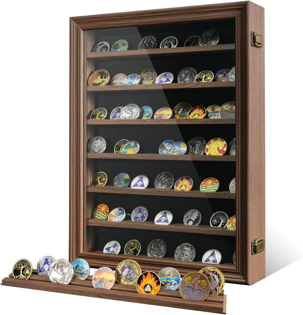 7 Rows Challenge Coin Display Case with HD Tempered Glass - Wall Mountable, Holds 100 Coins, Medal Display Cabinet Military Shadow Box with Removable 2-Groove Shelves, Poker Chips Holder, Rust Brown