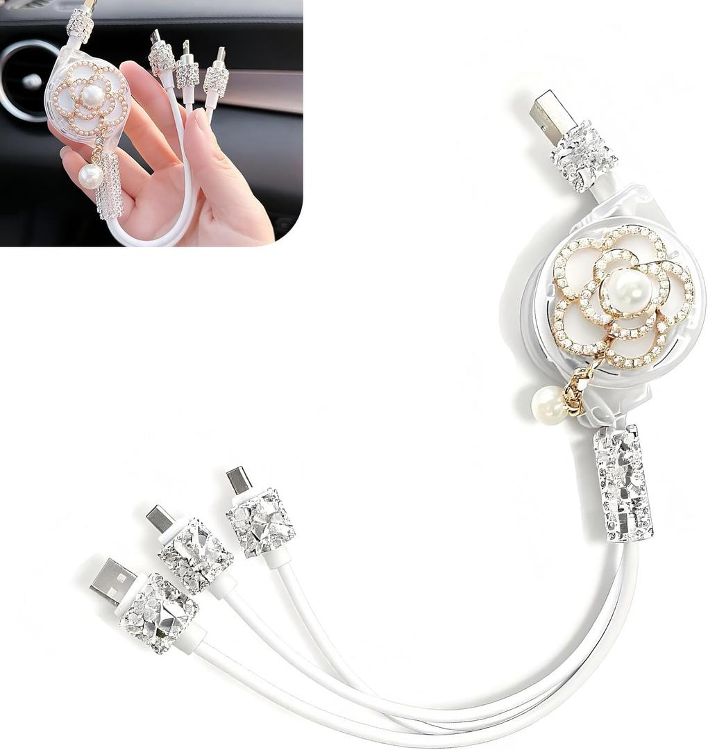 Car Multi-function Cable, 3 in 1 Cigarette Lighter Retractable Charging Cord with 3 Sizes Connectors, Fashion Pearl Flower Decoration, Universal Fast USB Port for Most Devices (White)